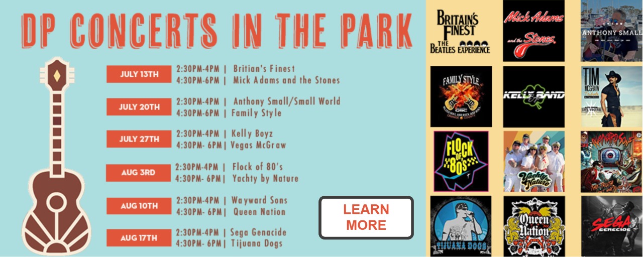 DP Concerts in the park 2025 band list and band logos.