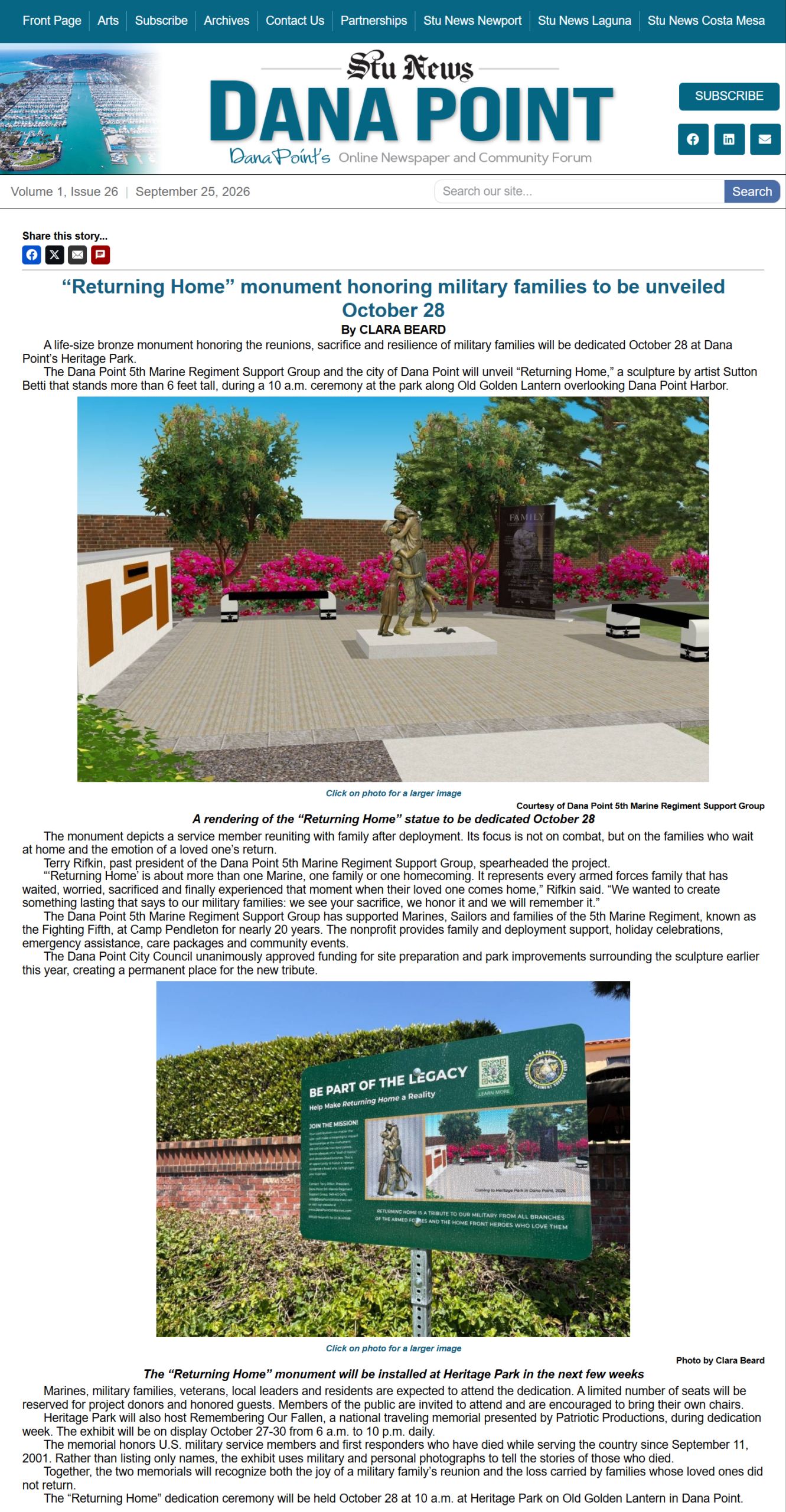 Returning Home Monument featured on front page of Stu News